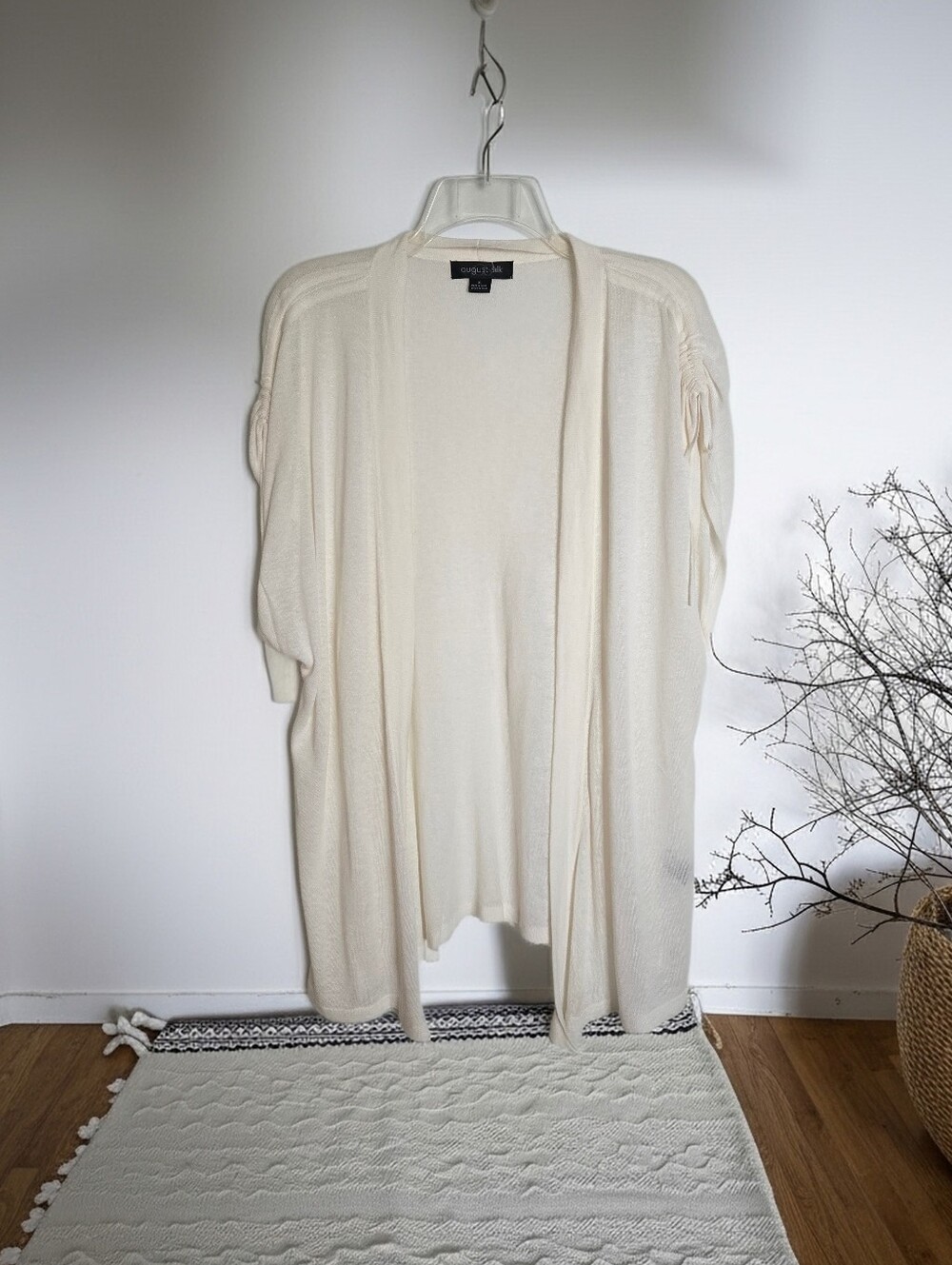 Lightweight Cream Short-Sleeve Open Cardigan Sweater Ruched Shoulders Women's XL